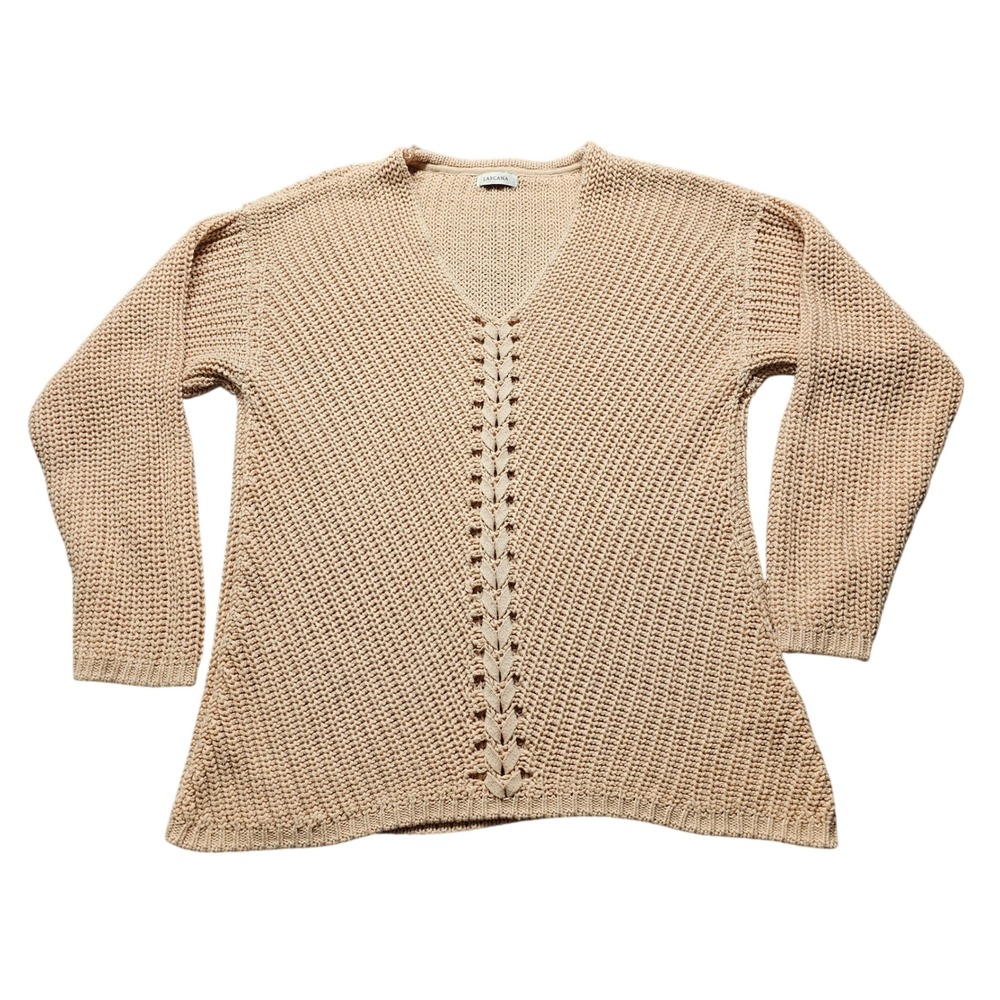 Lascana Womens V-Neck Chunky Knit Braided Pullover Sweater Peach Beige‎ Size 4/6